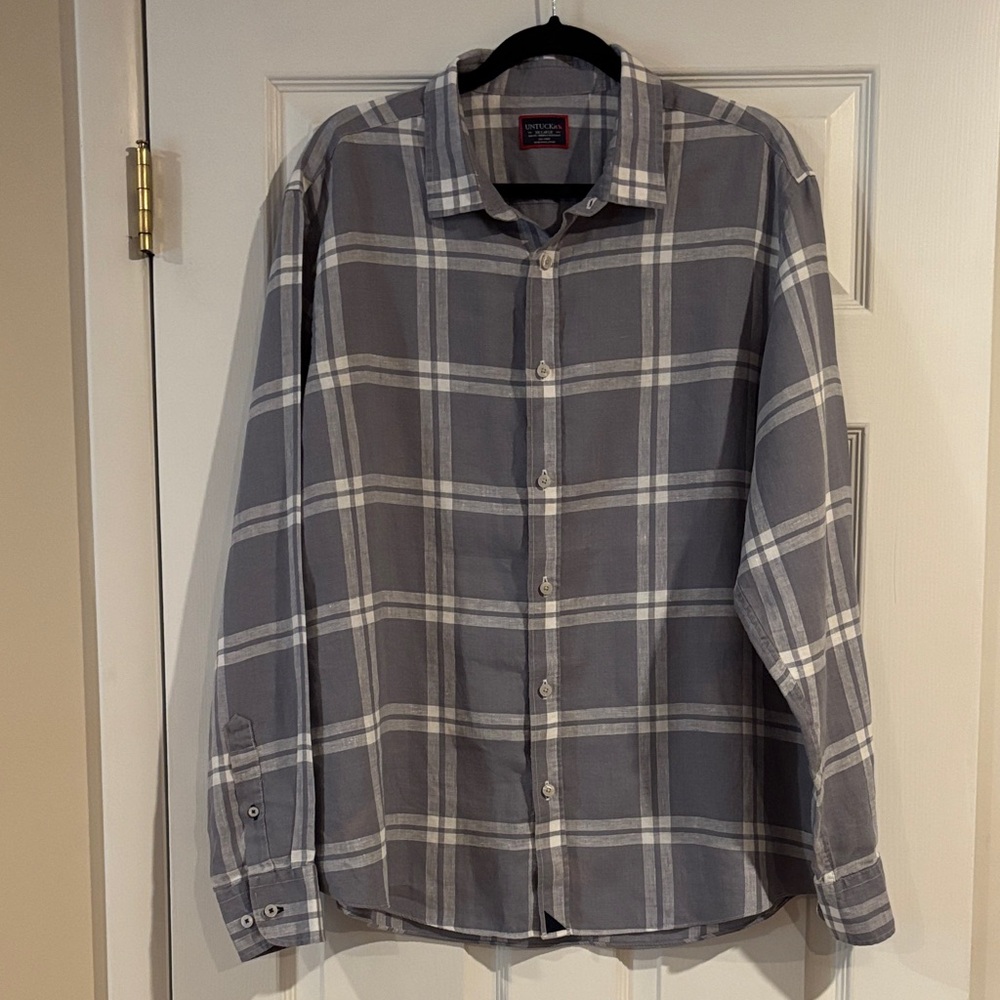 UNTUCKit Grey‎ & White Plaid Men's 100% Linen Shirt size XXL